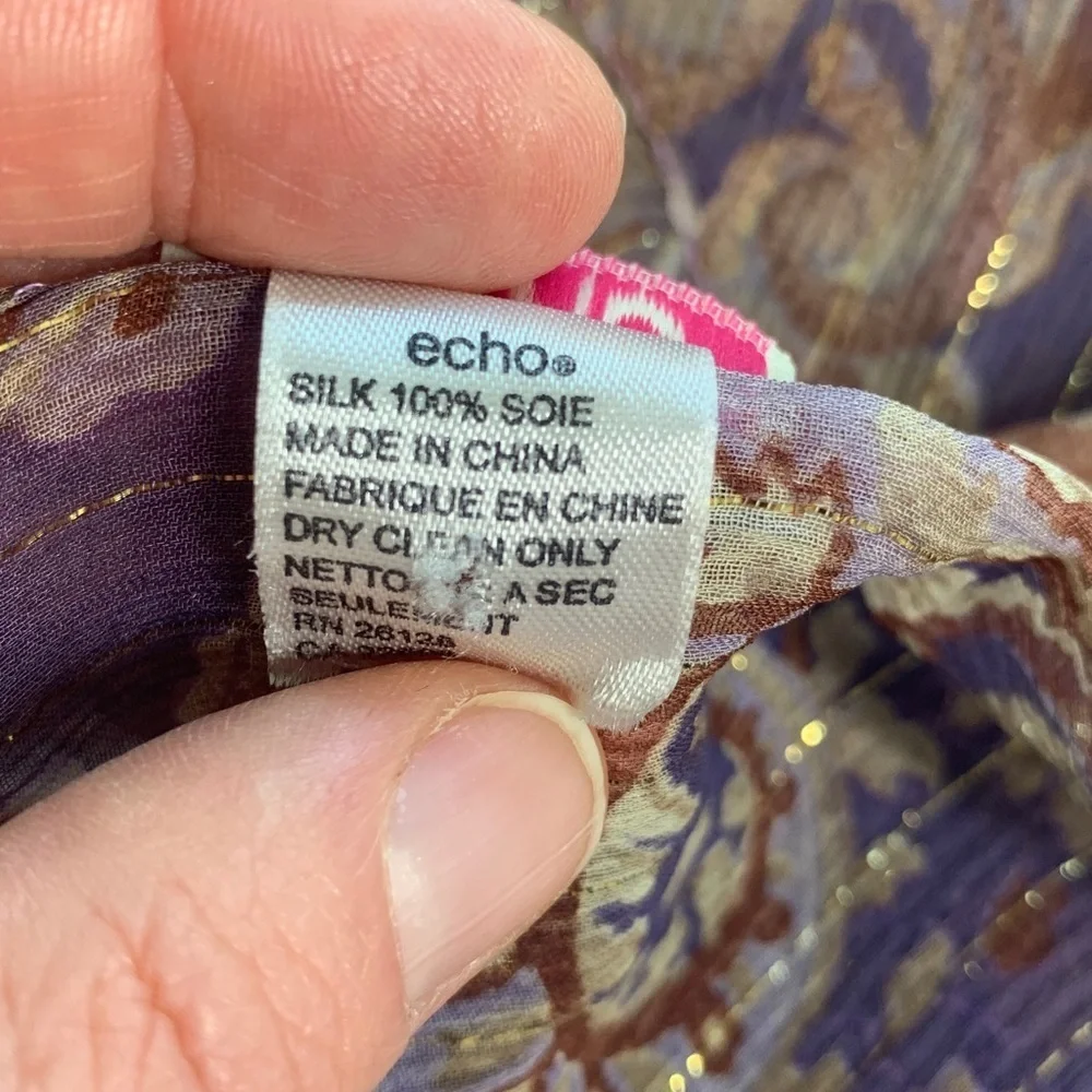 Echo silk scarf, purple with tan and ivory, paisley, print and metallic gold